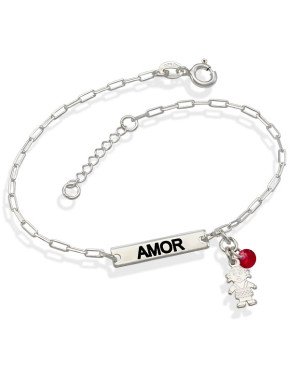 Pulseira AG Placa Amor (Resina Preta) 1 Menina 1 Pedra Pink - G3 - 18mm x 200mm - 2.33gr