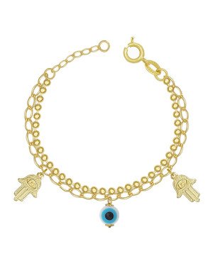 Pulseira Dupla c/ 2 Mao de Fatima 1 Olho Grego 6mm c/ Along - CE - 14mm x 200mm - 3.20gr