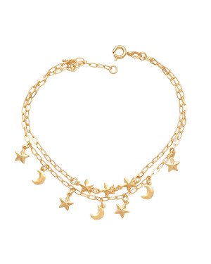 Pulseira Dupla c/ 7 Estrelas Diamantadas 3 Luas Lisas - CE - 6mm x 200mm - 3.20gr