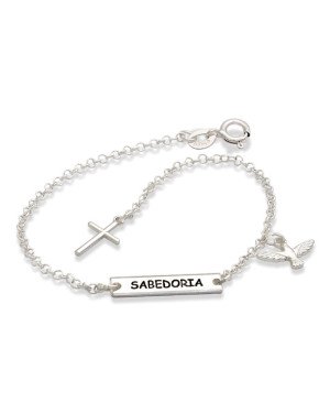 Pulseira AG Placa Est."Sabedoria" c/ 1 Espirito Santo 1 Cruz - G3 - 12mm x 180mm - 2.18gr