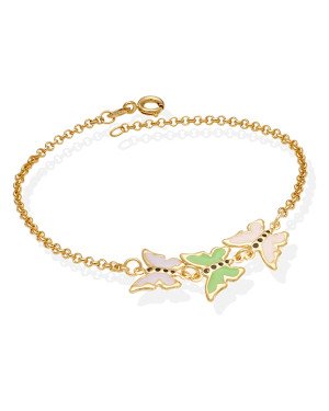 Pulseira Elo Portugues p/ 3 Borboletas Coloridas - CE - 14mm x 180mm - 2.54gr