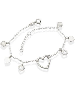 Pulseira AG c/ Coracao Vaz Estampado p/ 6 Coracoes  - G3 - 14mm x 200mm - 2.66gr