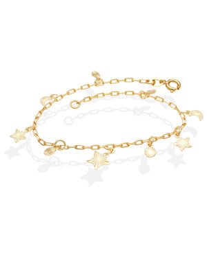Pulseira c/ 3 Estrelas 2 Luas 4 Redondos Diamantados  - CE - 8mm x 200mm - 2.00gr