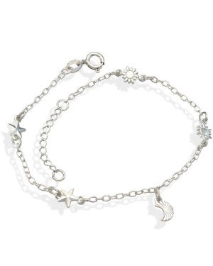 Pulseira AG p/ 2 Sol 2 Estrelas Macicas 1 Lua Diamantada - G3 - 10mm x 200mm - 2.09gr