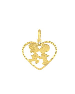 Pingente Coracao Diamantado c/ Casal Beijoquinha c/ 1 Strass - 00 - 23mm x 28mm - 1.58gr