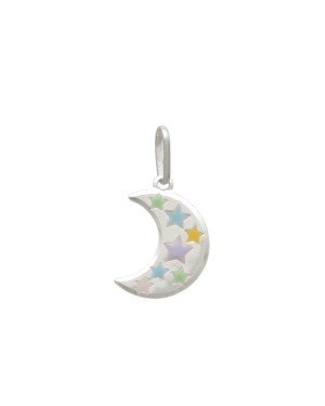 Pingente AG Lua c/ Estrelas Coloridas  - G3 - 7mm x 24mm - 0.99gr