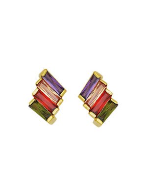 Brinco Fundicao - 8 Zirconia - 4 Retangulo Colorido - Faz Lado - 00 - 10mm x 14mm - 5.35gr