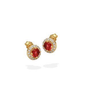 Brinco Fundicao - 32 Zirconia - Redondo c/ Pedra Rubi 6mm Cravada (Linha Princess) - 00 - 10mm x 10mm - 2.47gr