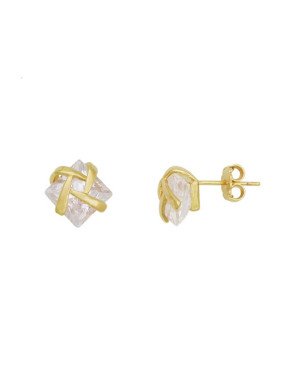 Brinco Fundicao - 2 Zirconia - Quadrado c/ Detalhes Liso 10mm - 00 - 10mm x 10mm - 2.93gr