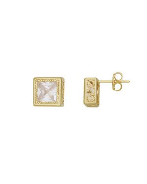 Brinco Fundicao - 2 Zirconia - Quadrado c/ Detalhes 10mm - 00 - 10mm x 10mm - 4.02gr