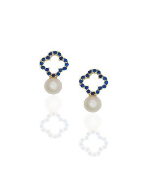 Brinco Fundicao 32 Zirconia - Trevo Vaz 10mm c/ Perola 6mm - Saphira - 00 - 9mm x 15mm - 1.49gr