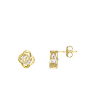 Brinco Fundicao - 2 Zirconia - Flor Vaz Petalas Entrelacada - 00 - 10mm x 11mm - 2.62gr