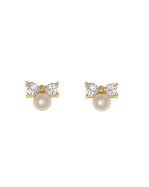 Brinco Fundicao - 4 Zirconia - Laco c/ Perola 7mm - 00 - 12mm x 10mm - 2.69gr