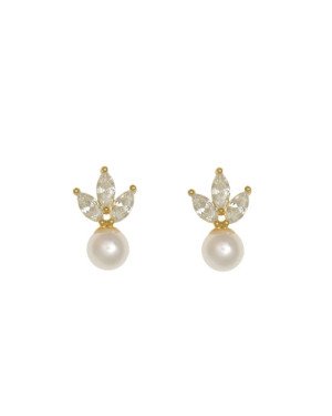 Brinco Fundicao - 6 Zirconia - 3 Navete c/ Perola 7mnm - 00 - 10mm x 17mm - 2.40gr