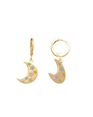 Brinco Argola  Lua Diamantada c/ Estrelas Coloridas - 00 - 7mm x 30mm - 2.31gr