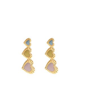 Brinco c/ 3 Coracoes Borda Diamantada (Rosa Amarelo Azul) - 00 - 10mm x 25mm - 3.83gr