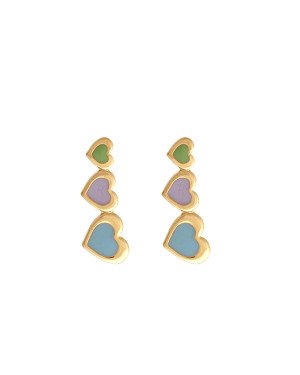 Brinco Pino 3 Coracoes Coloridos Borda Lisa (Verde/Lilas/Azul) - 00 - 10mm x 25mm - 1.95gr