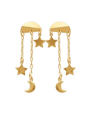 Brinco c/ 2 Correntes 2 Estrelas Lisa 10mm 1 Lua  - 00 - 15mm x 58mm - 3.02gr