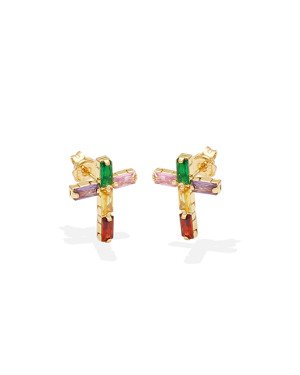 Brinco Cruz c/ 5 Zirconias Coloridas - 00 - 14mm x 18mm - 2.14gr