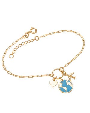 Pulseira p/ Argola c/ Mapa Mundi 1 Aviao 1 Coracao Liso 6mm  - CS - 24mm x 200mm - 2.80gr