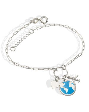 Pulseira AG p/ Argola c/ Mapa Mundi 1 Aviao 1 Coracao Liso 6mm  - G5 - 28mm x 200mm - 2.86gr