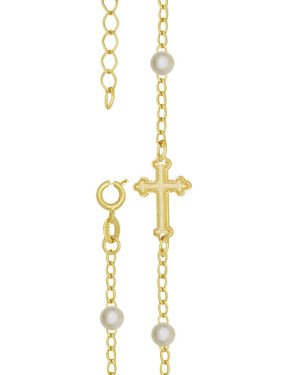 Pulseira c/ Cruz e Perola 4mm c/ Along. 2cm - CS - 10mm x 200mm - 1.50gr