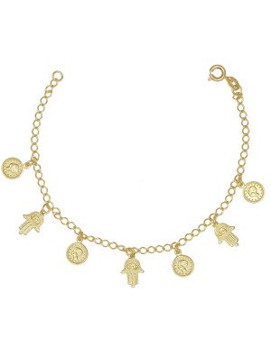 Pulseira c/ 4 Moeda Lira Pequena e 3 Mao de Fatima Pequena  - CE - 8mm x 180mm - 3.70gr