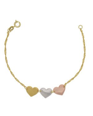 Pulseira Cingapura 3 Coracoes 12mm Lisos (3 ouros) - CE - 10mm x 180mm - 1.80gr