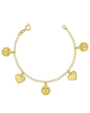 Pulseira c/ 3 Redondo c/ Pezinho e 2 Coracoes - CE - 18mm x 180mm - 4.10gr