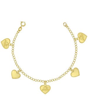 Pulseira Berloque c/ 3 Coracoes I Love Music e 2 Coracoes Lisos - CE - 16mm x 180mm - 3.00gr