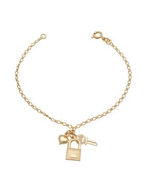 Pulseira Cadeado Chave e Coracao Duplo - CE - 8mm x 180mm - 2.20gr