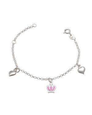 Pulseira AG c/ 2 Coracoes 1 Coroa c/ Resina (Rosa Pastel) Along 2cm - G5 - 14mm x 140mm - 1.82gr