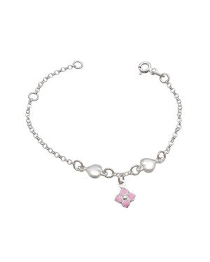Pulseira AG c/ 2 Coracoes 1 Flor c/ Resina (Rosa Pastel) Along 2cm - G5 - 13mm x 140mm - 1.86gr