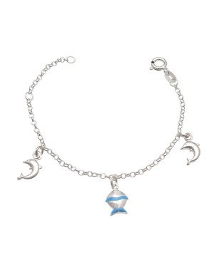 Pulseira AG c/ 2 Golfinho Dp 1 Peixinho c/ Resina Along 2cm - G5 - 14mm x 140mm - 1.78gr