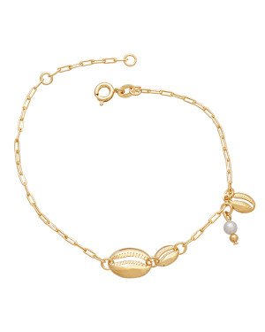 Pulseira 18cm + 2cm Along Corrente Cartie p/ 3 Buzios 1 Perola  - CE - 13mm x 200mm - 2.42gr