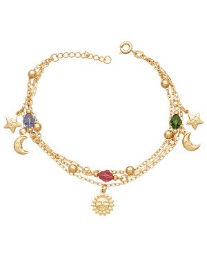 Pulseira Tripla c/ 6 Bolinhas 3 Acrilicos p/ Sol 2 Estrelas 2 Luas - CS - 10mm x 200mm - 5.38gr