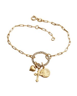 Pulseira c/ Redondo Strass p/ Coracao Cruz Sao Bento - CE - 9mm x 200mm - 4.00gr
