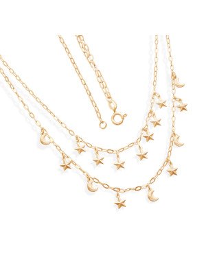 Gargantilha Dupla c/ 11 Estrelas Diamantadas 5 Luas  - CE - 6mm x 400mm - 6.00gr