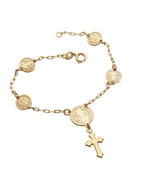 Pulseira  Cartie c/ 5 Medalhas Sao Bento  1 Cruz  - CE - 12mm x 180mm - 4.50gr