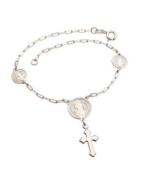 Pulseira AG Cartie c/ 3 Medalhas Sao Bento  1 Cruz  - G3 - 12mm x 180mm - 3.41gr