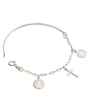 Pulseira AG c/ Bracelete p/ 2 Sao Bento 1 Cruz Palito - G5 - 1mm x 1mm - 3.78gr