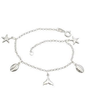 Pulseira Ag c/ 1 Rabo de Sereia 2 Buzio 2 Estrela do Mar - G3 - 19mm x 180mm - 2.39gr