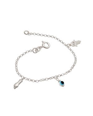 Pulseira Ag c/1 Mao de Fatima 1 Olho Grego 1 Figa  - G3 - 18mm x 180mm - 2.38gr