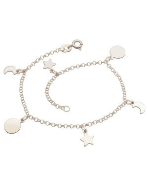 Pulseira Ag c/ 2 Luas 2 Redondo 2 Estrelas - G3 - 12mm x 180mm - 2.42gr
