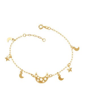 Pulseira Cartie Lua c/ Estrela Vazada 4 Luas lisa 2 Estrelas Diamantada - CE - 6mm x 180mm - 2.50gr
