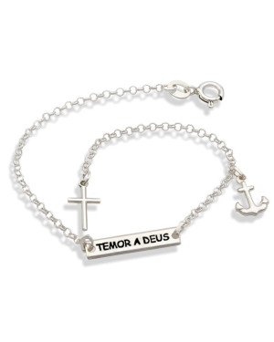 Pulseira AG c/ Placa "Temor A Deus" 1 Cruz 1 Ancora - G3 - 14mm x 180mm - 2.14gr