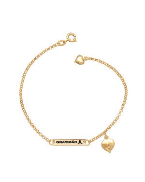 Pulseira Placa Est."Gratidao" c/ 2 Coracoes Duplos - CE - 8mm x 180mm - 2.77gr