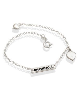 Pulseira AG Placa Est."Gratidao" c/ 2 Coracoes Duplos - G3 - 8mm x 180mm - 2.44gr