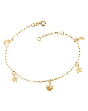 Pulseira c/ 2 Luas 2 Estrelas 1 Redondo 6mm Diamantados  - CE - 6mm x 180mm - 1.80gr
