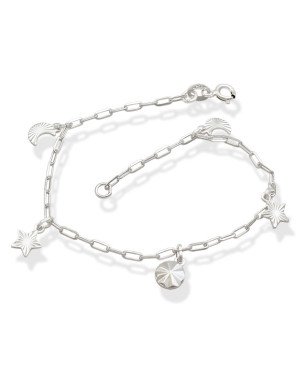 Pulseira AG c/ 2 Luas 2 Estrelas 1 Redondo 6mm Diamantados  - G3 - 6mm x 180mm - 2.15gr